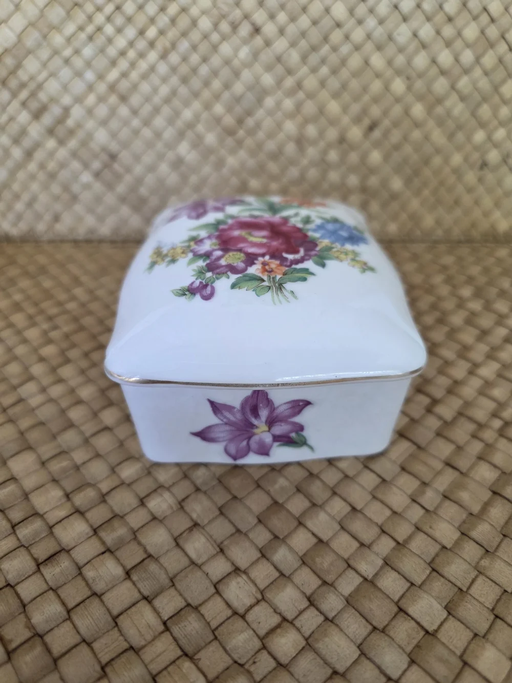 Porcelain Floral Trinket Box - White with Multicolor Flowers